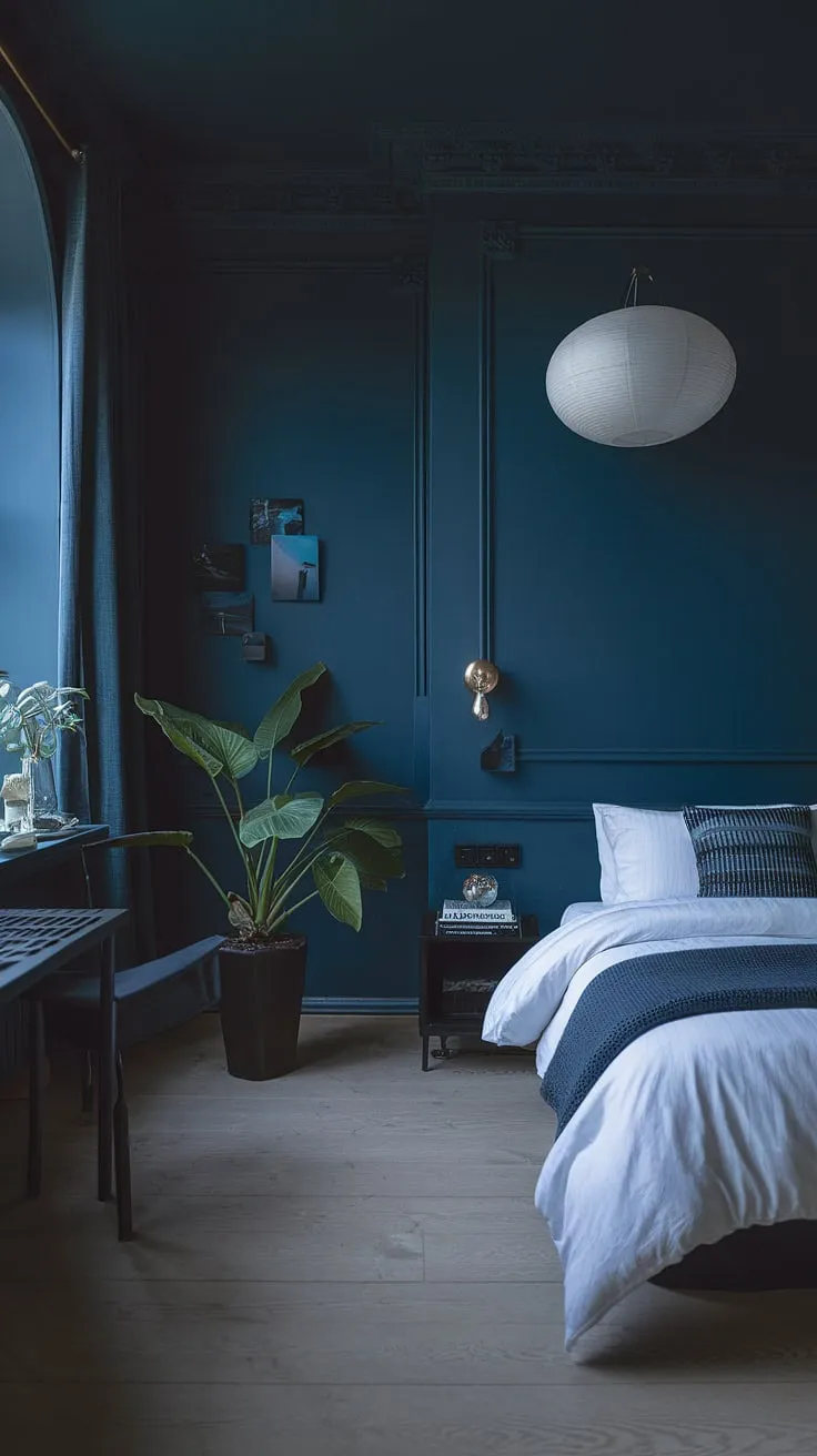 The dark and moody master bed is complemented by light wood flooring and minimalist decor, perfect for a stylish dark interior bedroom design.