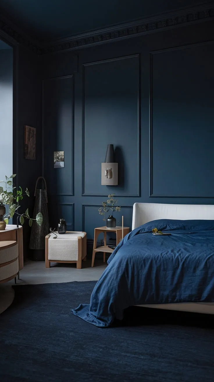 This moody blue bedroom features dark walls and a white bed, creating a relaxing atmosphere with modern dark interior design elements.
