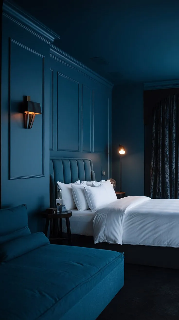 A moody blue bedroom featuring dark blue walls and a white bed creates a relaxing ambiance with a modern dark hotel room aesthetic.
