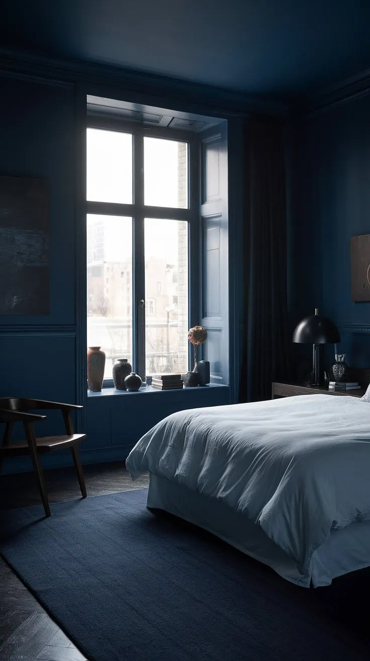 Create a relaxing blue bedroom with dark and moody elements, including a white bed against dark walls and stylish decor for a contemporary master retreat.
