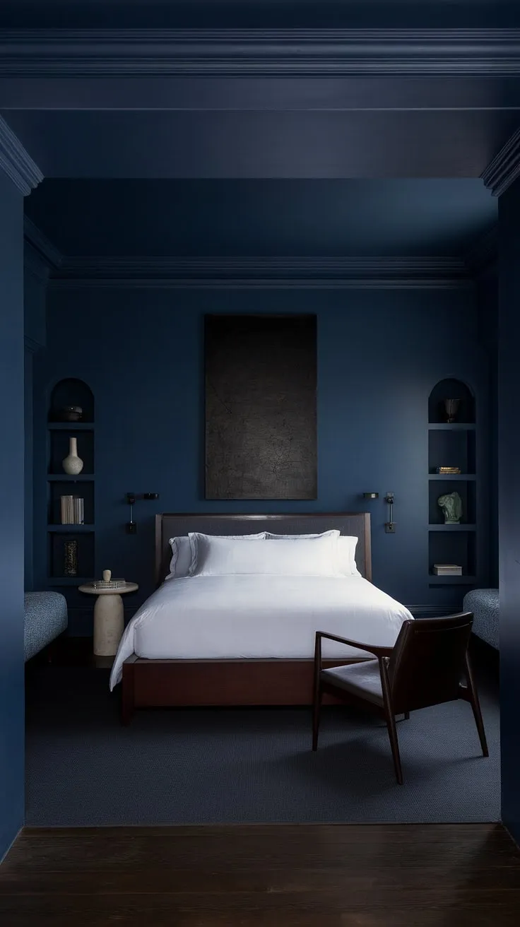 With its deep navy walls, white bed, and soft lighting, this dark and moody master bed offers inspiring blue bedroom ideas for a stylish retreat.
