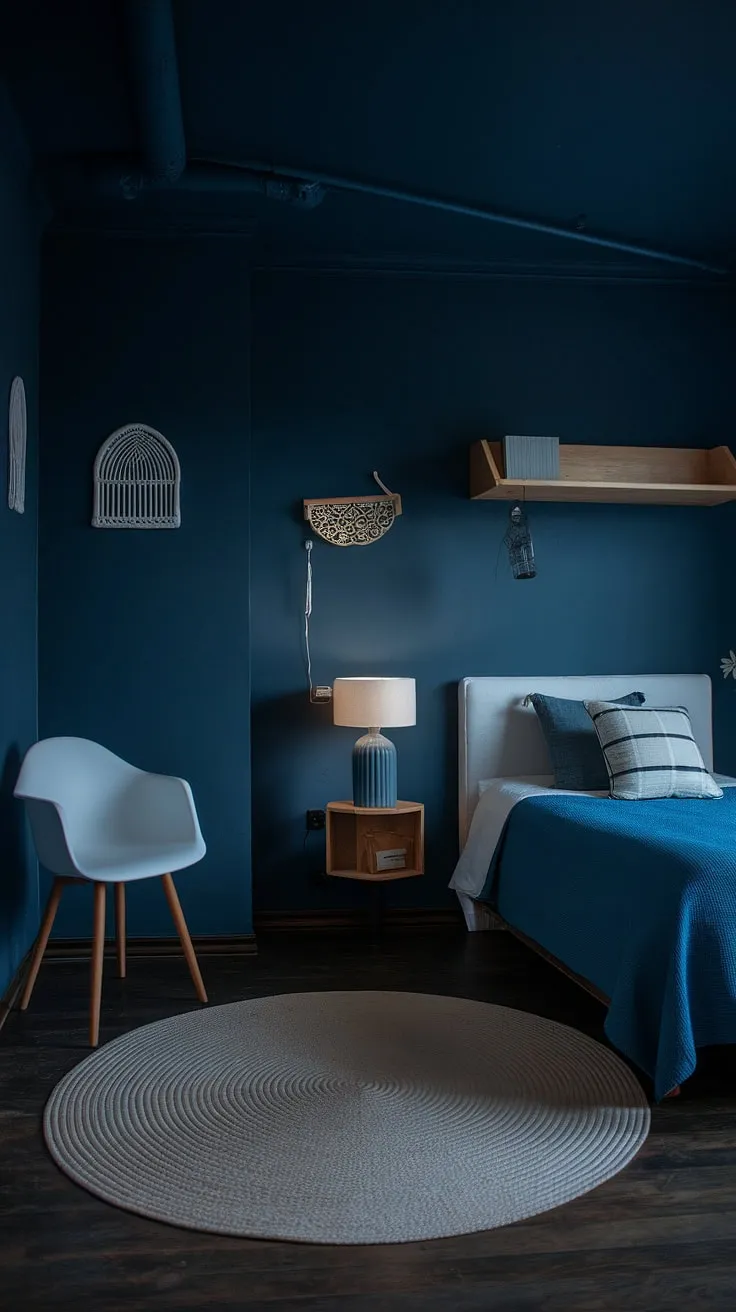 This moody blue bedroom features dark walls and a white bed, creating a relaxing dark interior design perfect for a modern hotel room aesthetic.