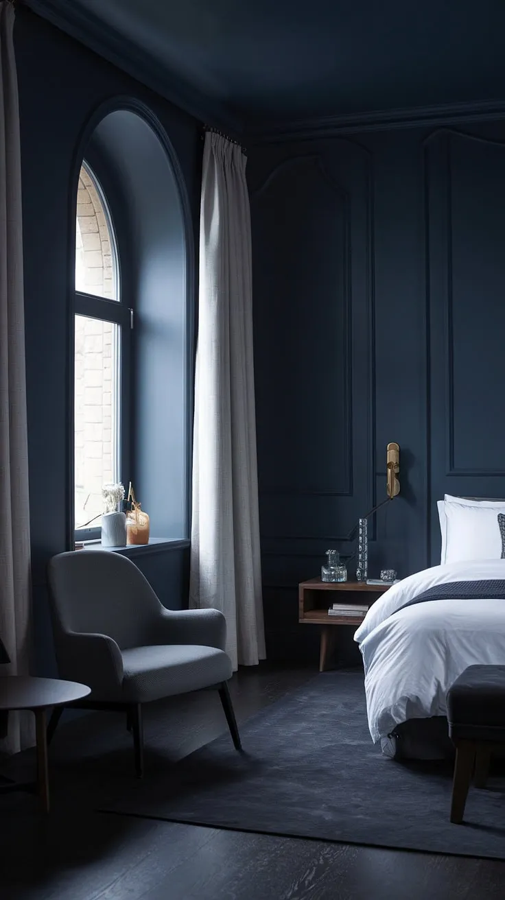 This dark and moody master bed setup showcases a stylish blend of a gray chair, wooden nightstand, and large window, perfect for a contemporary hotel room aesthetic.