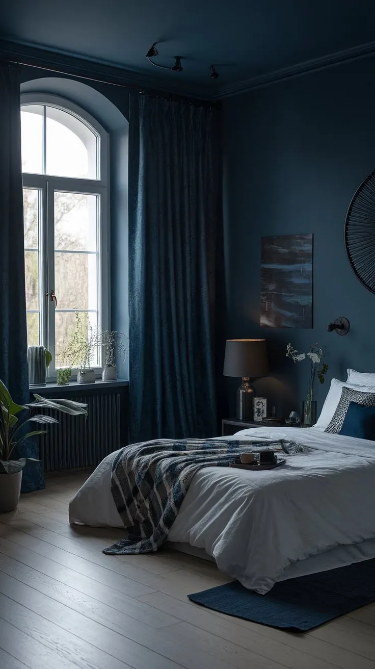 The dark and moody master bed is complemented by light wood flooring and blue curtains, creating a stylish dark hotel room vibe.
