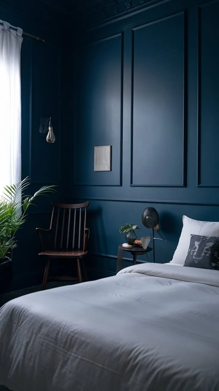 A moody blue bedroom featuring dark walls and a white bed creates a relaxing atmosphere with minimalist furniture and a touch of modern dark interior design.