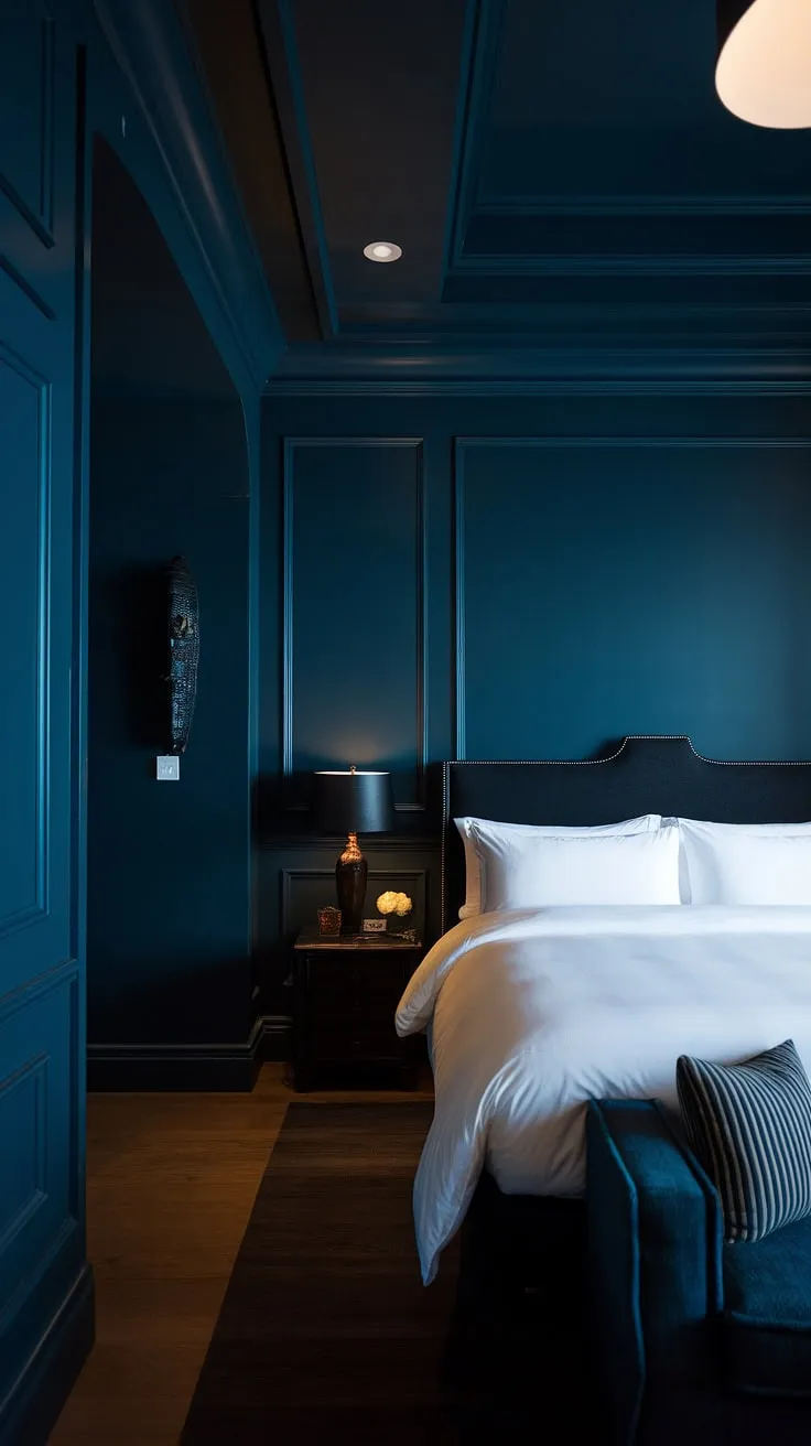 Experience the allure of a dark and moody master bed design that combines deep hues with a stylish white bed against a backdrop of rich, dark interior elements.