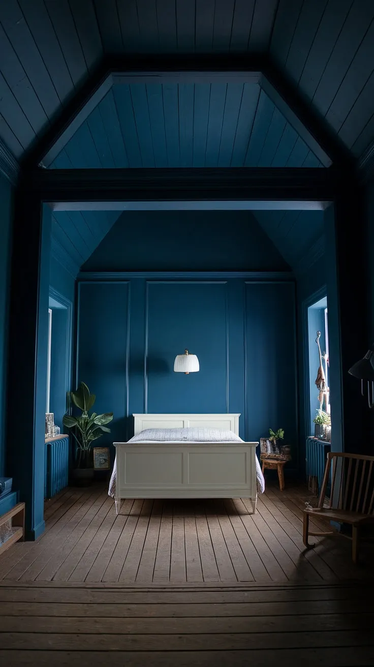 This moody blue bedroom features a modern dark interior design with a white bed against dark walls, creating a relaxing atmosphere perfect for a dark hotel room aesthetic.