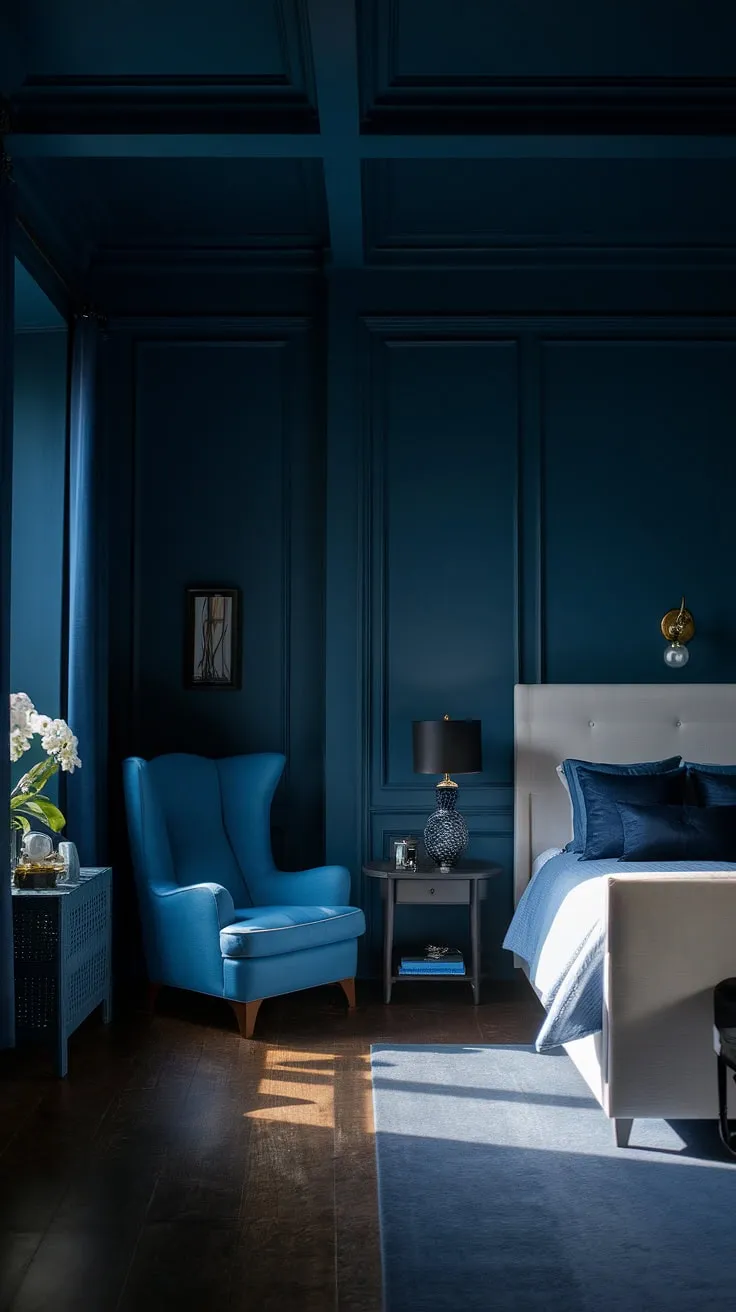 The high-ceilinged space showcases a dark and moody master bed, complemented by a blue chair and natural light, ideal for contemporary bedroom ideas.