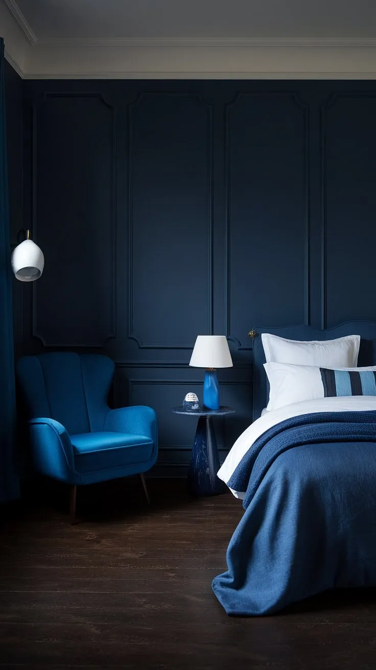Create a dark and moody master bed retreat with a striking blue wall, white trim, and stylish accents for a contemporary bedroom vibe.