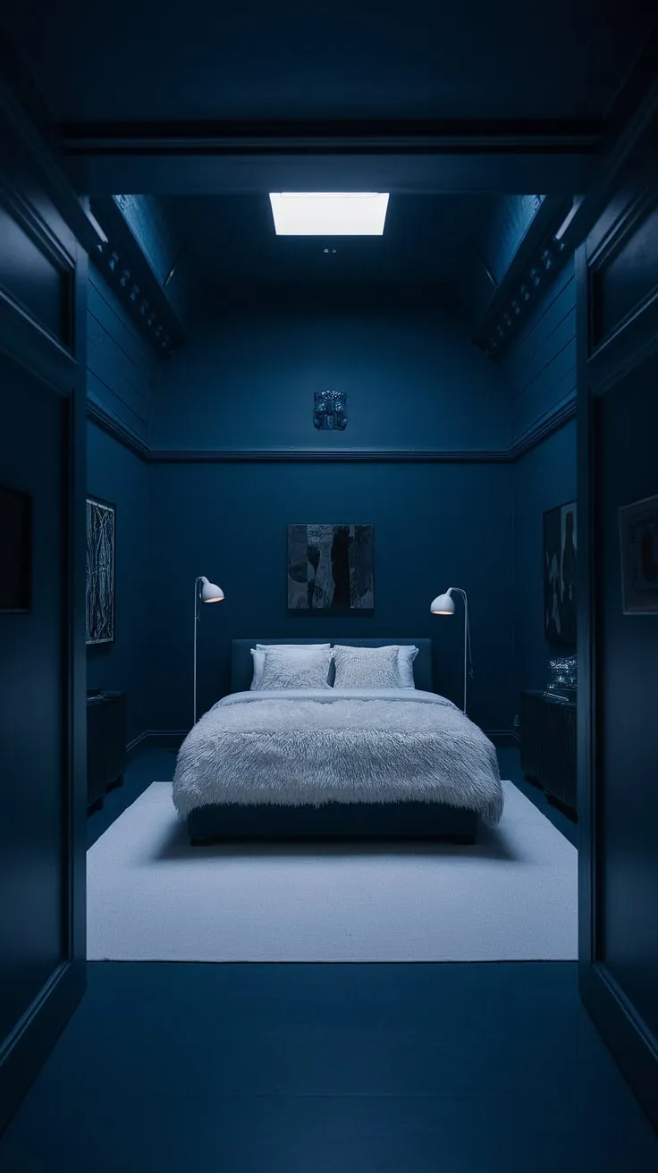 The dark and moody master bed is beautifully contrasted by a fluffy white duvet and floor lamps, creating a stylish retreat in this modern bedroom dark.