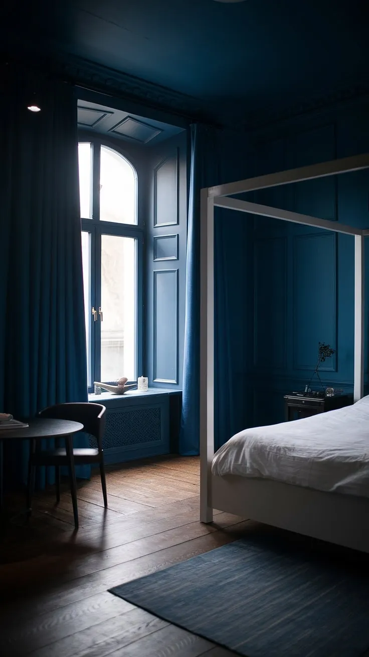 A moody blue bedroom featuring dark walls and a white bed with dark wooden frames creates a relaxing atmosphere, perfect for modern dark interior design.