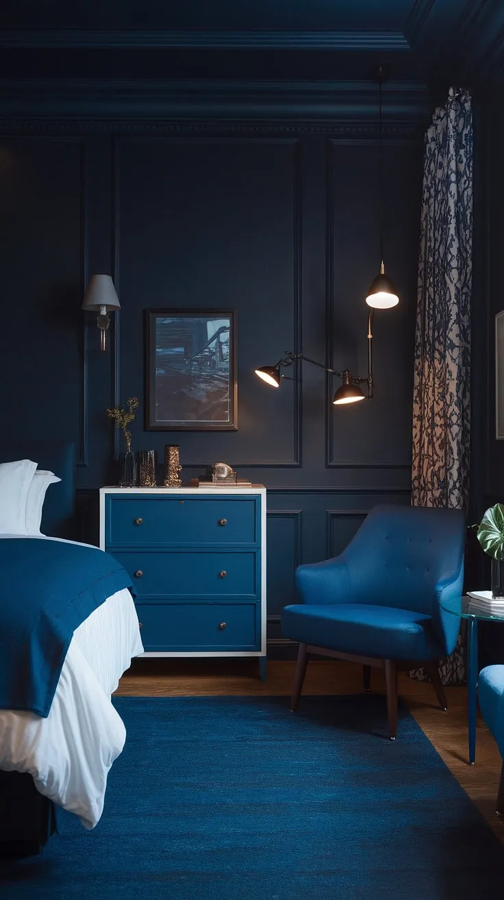 With its deep navy walls and stylish furnishings, this dark and moody master bed setup offers inspiring relaxing blue bedroom ideas for a contemporary interior.