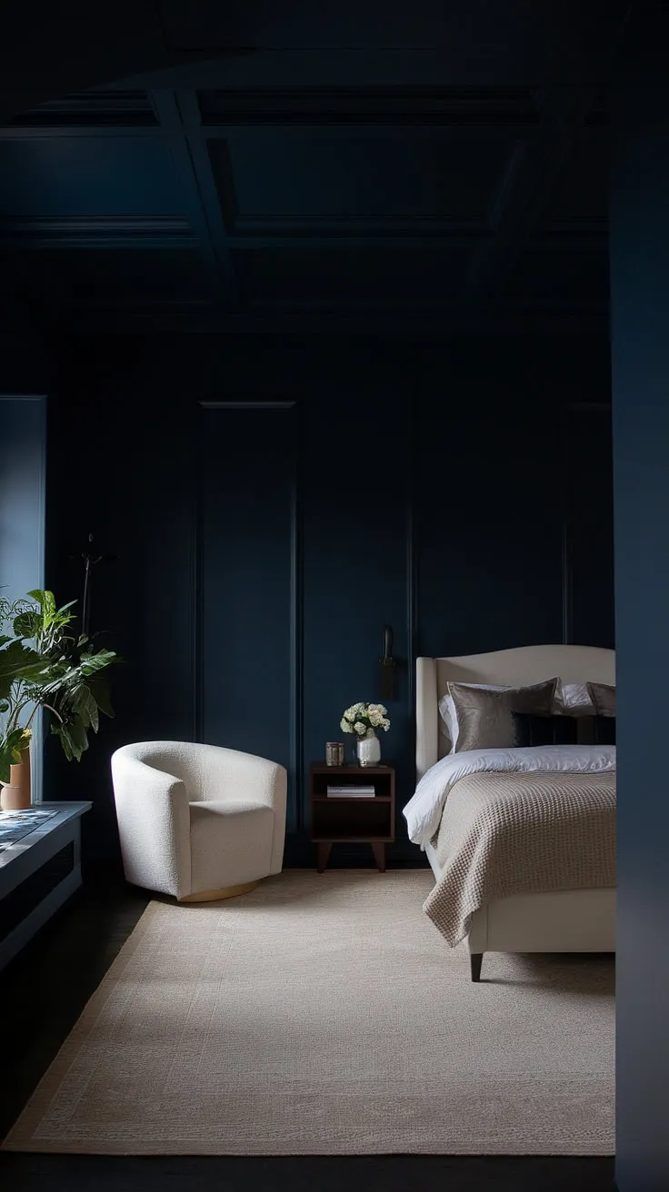 The dark hotel room aesthetic is enhanced by a white bed on dark walls, a beige area rug, and stylish decor, making it an ideal dark and moody master bed retreat.