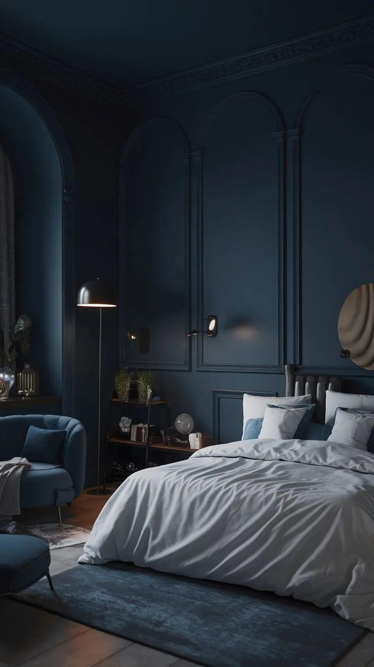Create a dark and moody master bed retreat with deep blue walls, a crisp white bed, and soft lighting for a tranquil ambiance.