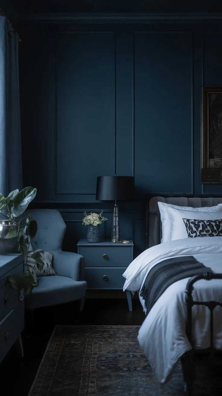 This moody blue bedroom features dark walls and a white bed, showcasing modern dark interior design with relaxing blue bedroom ideas for a chic hotel room aesthetic.