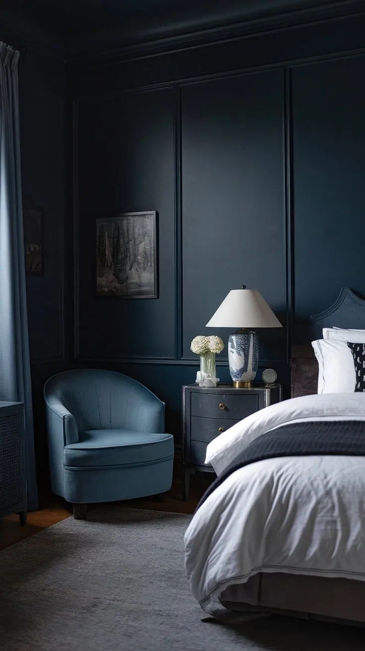 Create a dark hotel room aesthetic in your home with a moody blue bedroom, where a white bed contrasts beautifully against the deep walls for a stylish retreat.