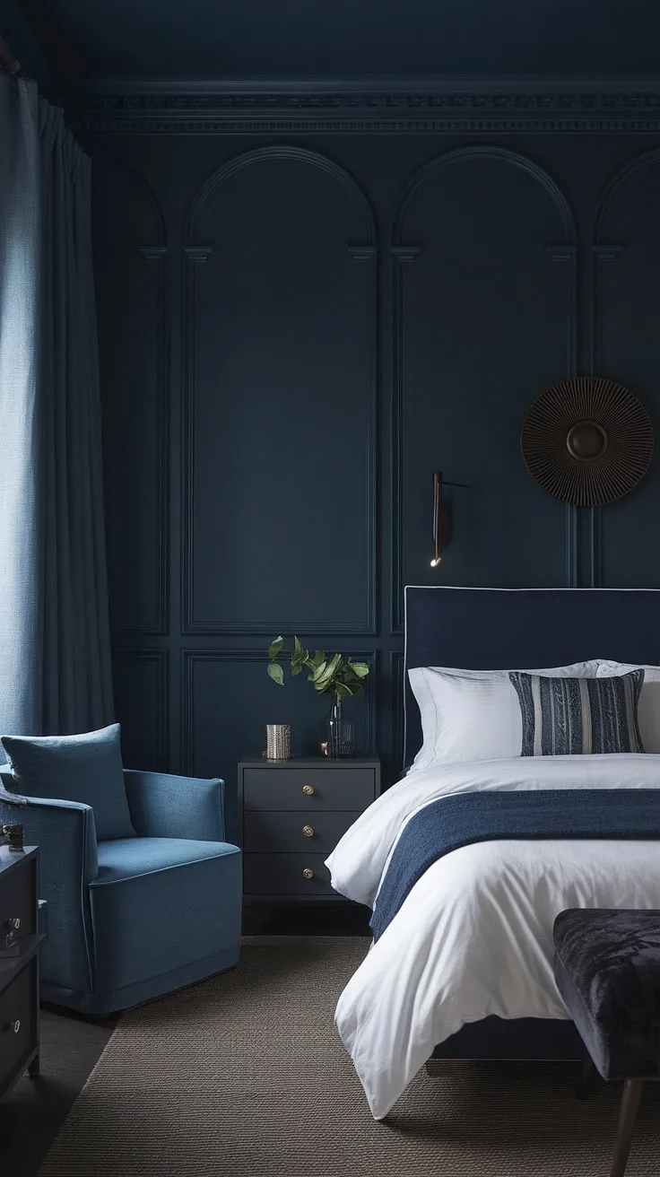 Experience the allure of a dark and moody master bed in a stylish hotel room aesthetic, combining deep hues with a crisp white bed for a contemporary vibe.