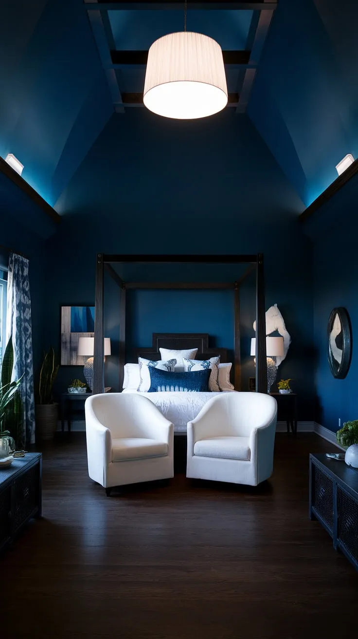 The dark and moody master bed, complemented by white chairs and a warm lamp, showcases stylish relaxing blue bedroom ideas in a high-ceiling space.