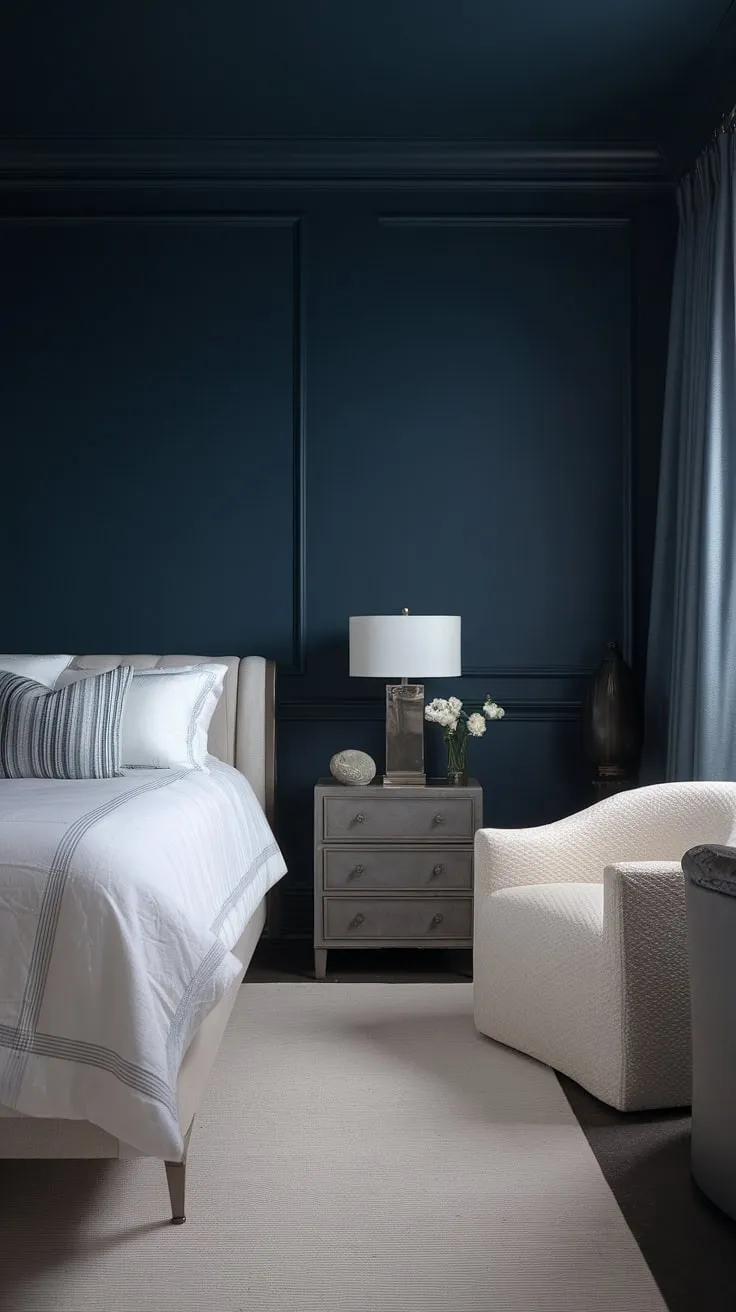 This dark and moody master bed setup, featuring a white bed against deep blue walls, offers stylish relaxing blue bedroom ideas for a chic hotel room aesthetic.