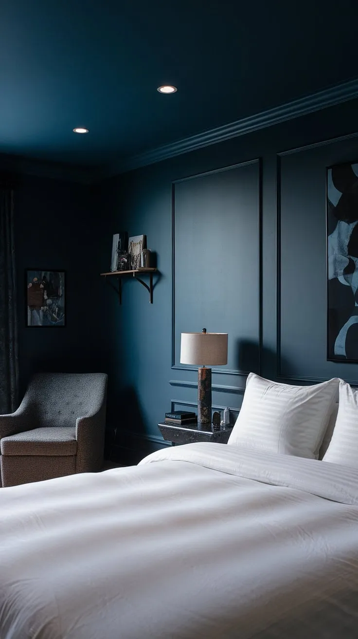 Transform your space with a moody blue bedroom featuring dark walls, a white bed, and modern furniture for a relaxing dark hotel room aesthetic.