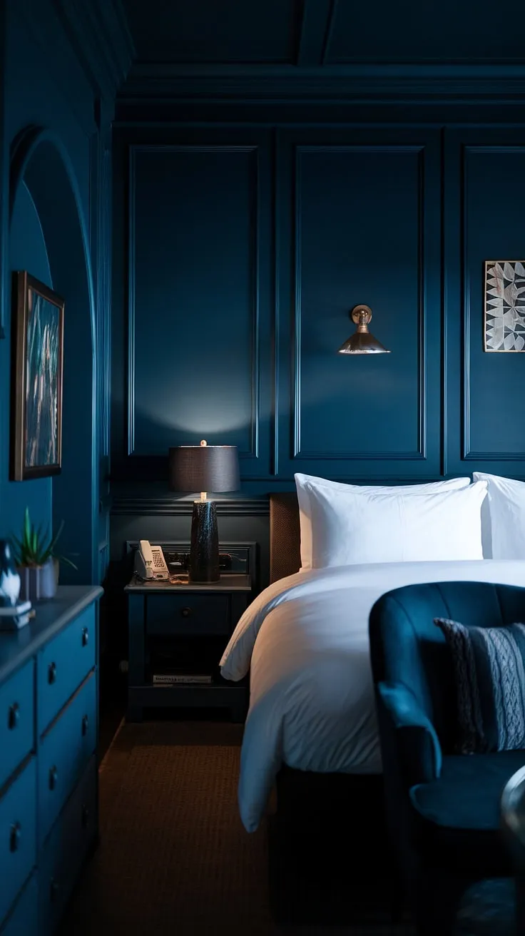 Create a dark and moody master bed retreat with a stylish blue palette, white bedding, and contemporary dark interior design elements.