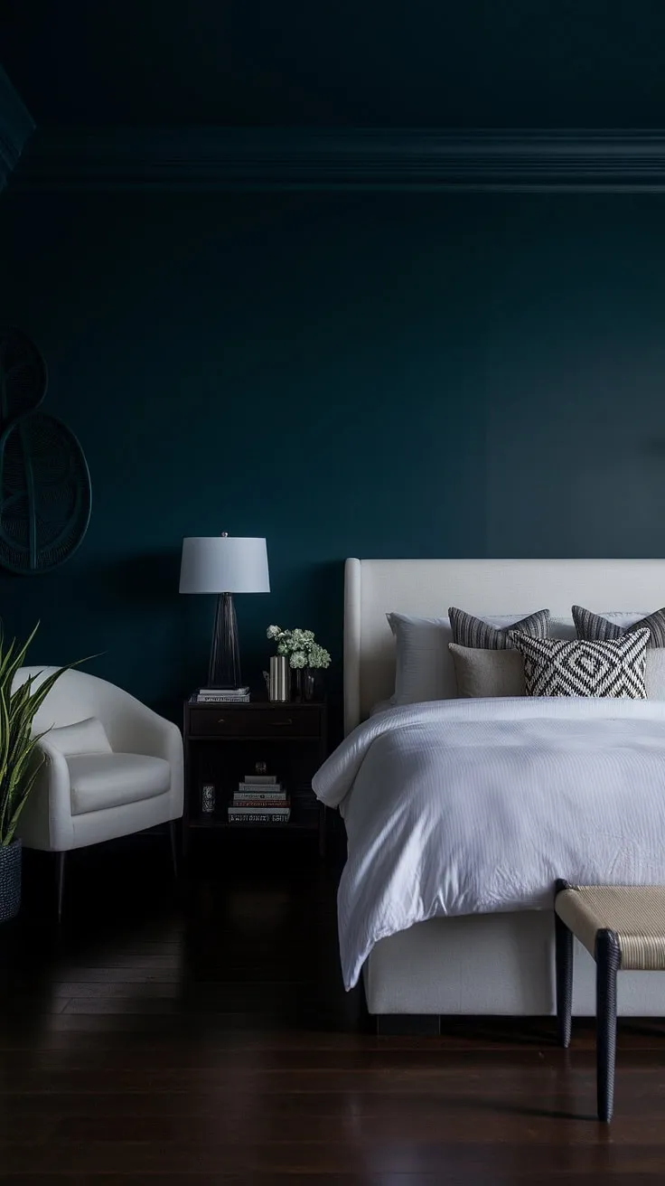 This dark and moody master bedroom features a white bed against deep blue walls, showcasing modern furniture and a relaxing aesthetic perfect for dark interior bedroom design.