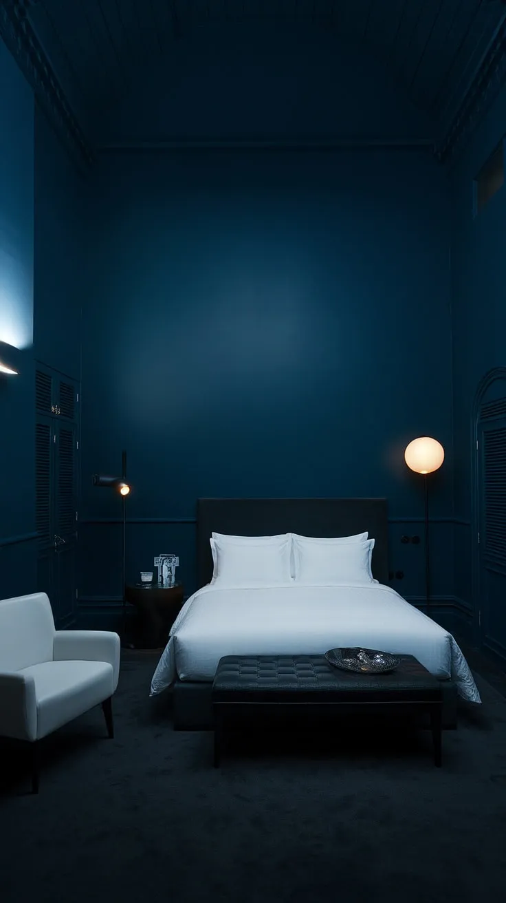 With its high ceiling and chic furnishings, this dark interior bedroom design showcases relaxing blue bedroom ideas that perfectly blend a modern vibe with a cozy atmosphere.