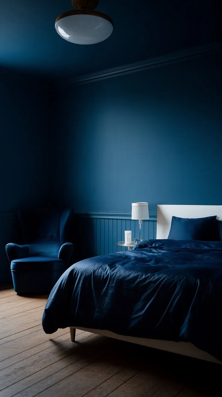 Create a dark and moody master bed retreat with a striking dark blue interior, complemented by a white bed and soft lighting for ultimate relaxation.