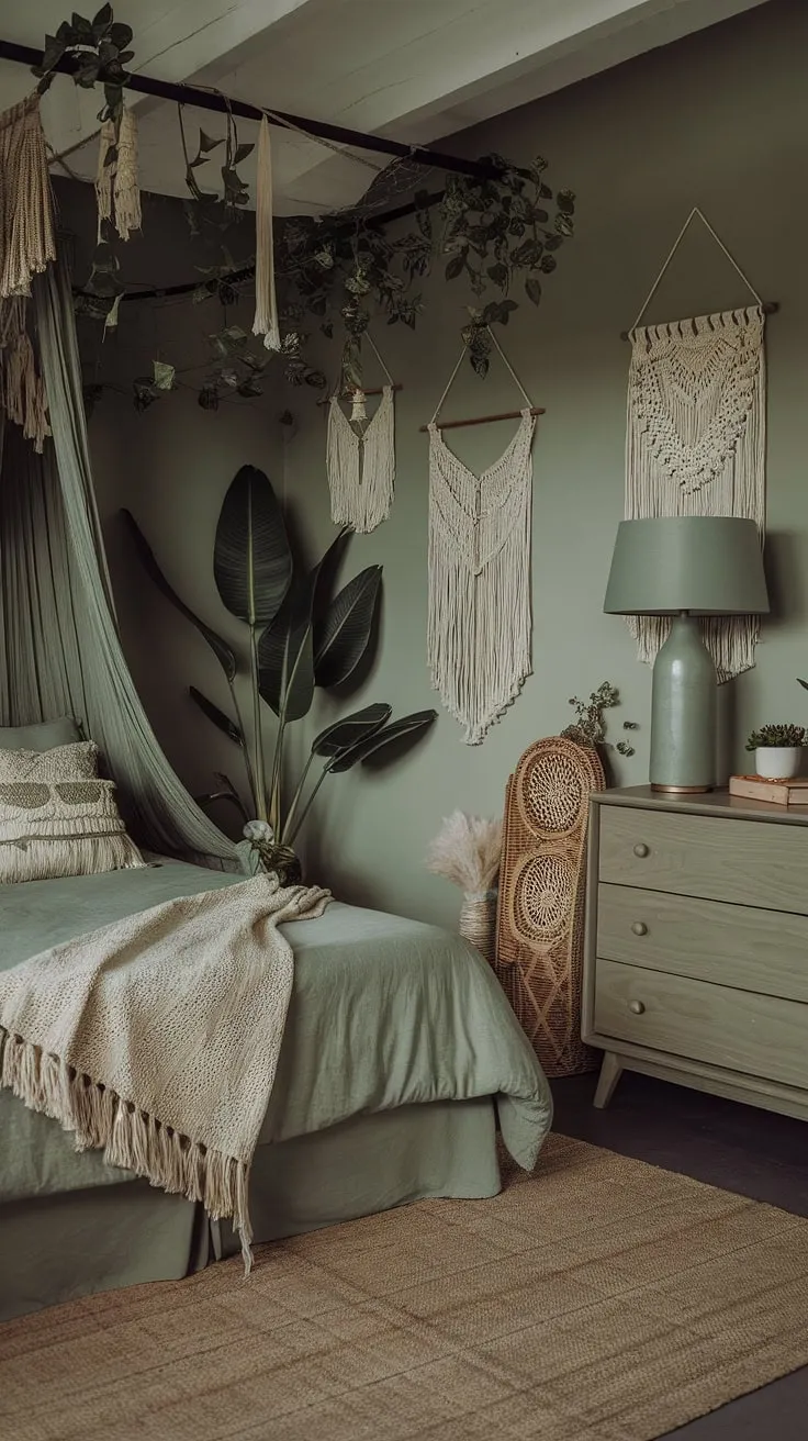 This moody boho bedroom features a sage green color scheme with cozy textures, a plant canopy bed, and bohemian decor that creates a warm and inviting atmosphere.