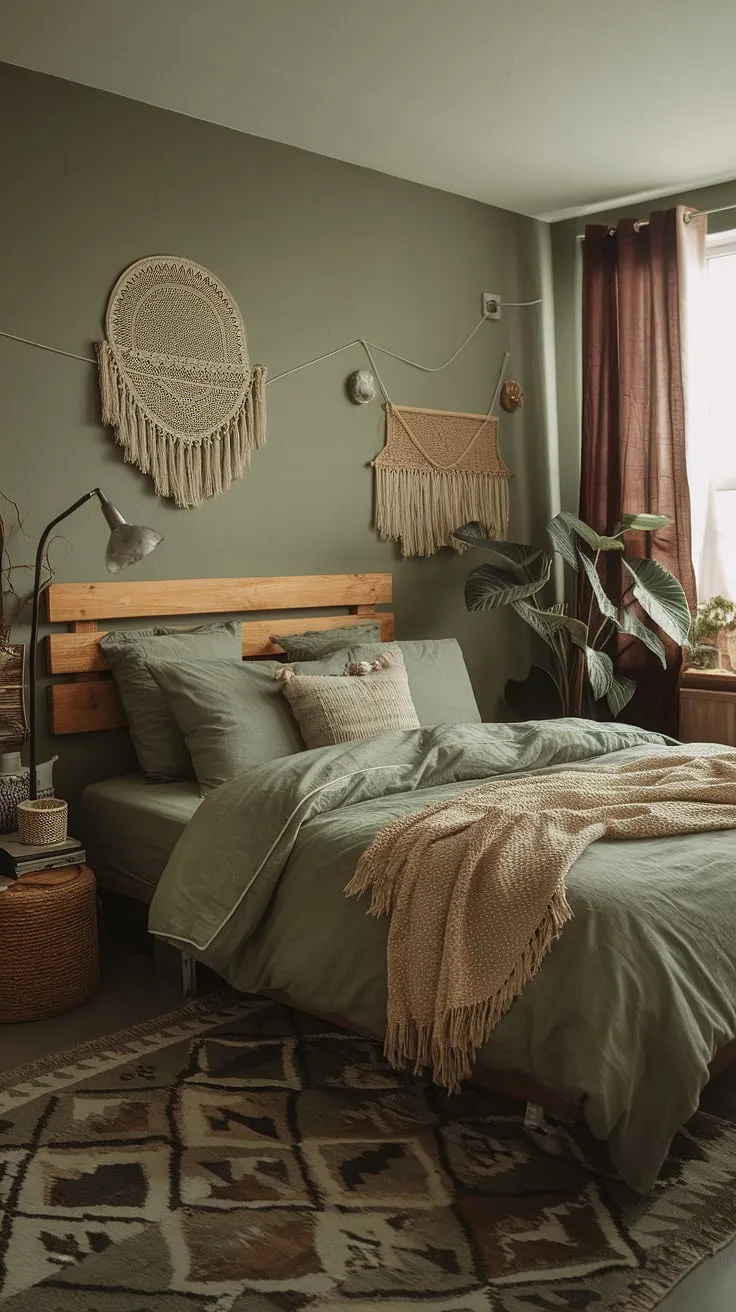With its sage green bedroom decor, cozy ambiance, and bohemian design elements, this moody boho bedroom invites relaxation and style.