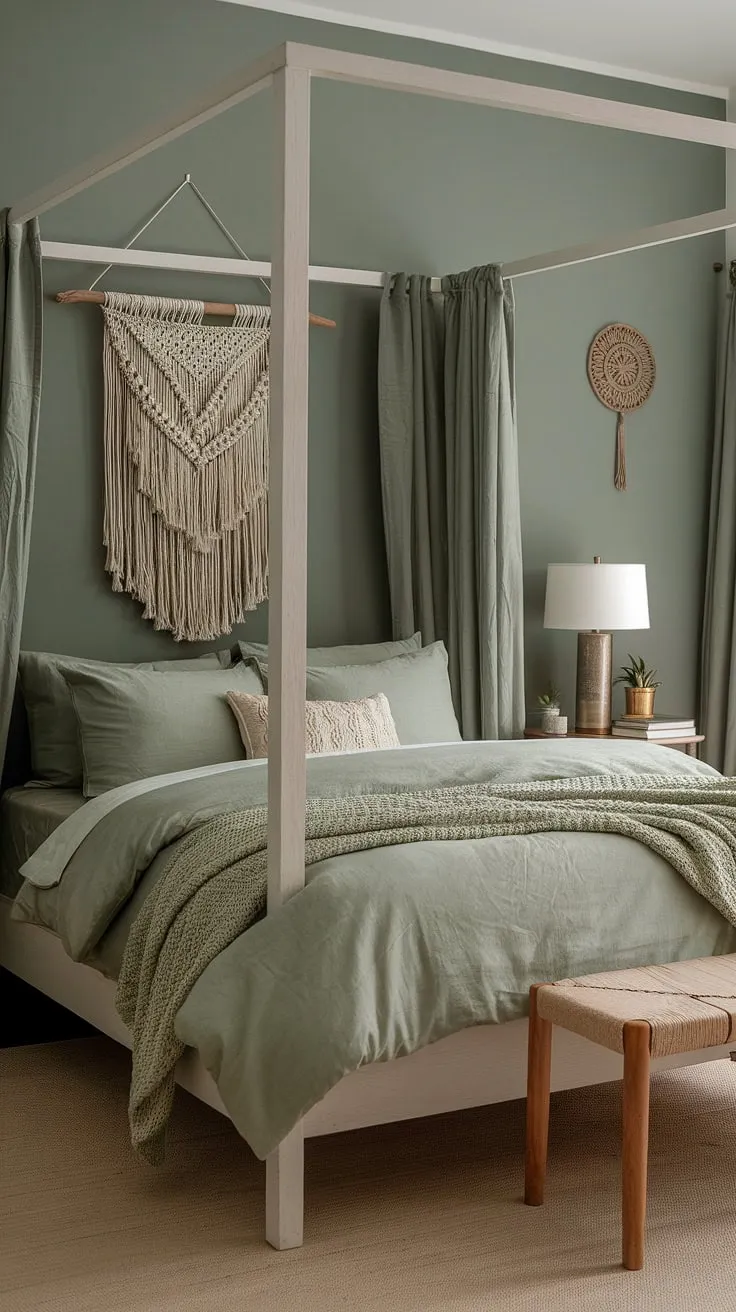 This moody boho bedroom showcases sage green walls and bedding, creating a cozy atmosphere enhanced by bohemian decor and aesthetics.