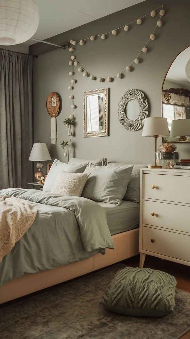 Featuring soft lighting and charming decor, this moody bedroom decor highlights the beauty of a sage green boho bedroom, making it an ideal cozy bedroom idea.