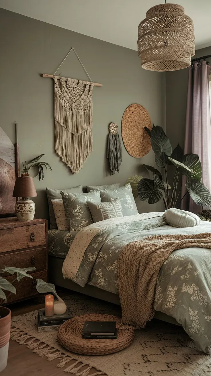 The green boho bedroom showcases sage green decor and cozy elements, blending moody bedroom vibes with bohemian design for a stylish retreat.