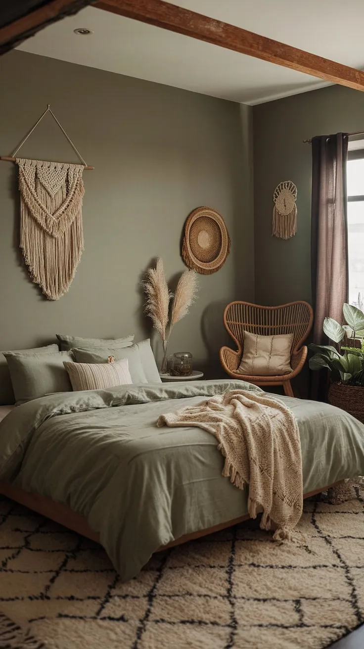 This moody boho bedroom showcases sage green walls and bedding, complemented by cozy decor elements like a plush rug and macrame wall hanging, creating a perfect green boho bedroom aesthetic.