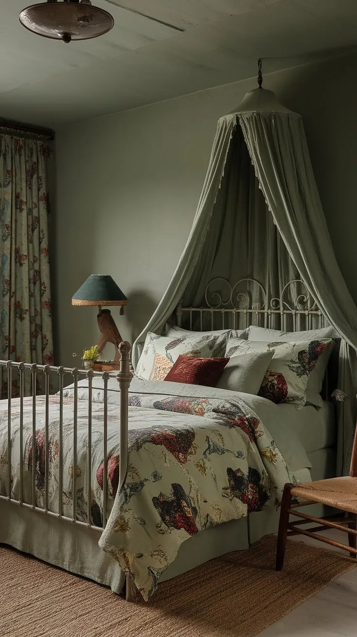 Create a green boho bedroom oasis with sage green decor, a vintage lamp, and textured pillows that enhance the moody bedroom aesthetics and bohemian bedroom design.