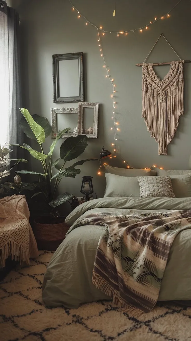 With its sage green bedding, vintage frames, and warm lighting, this moody boho bedroom embodies cozy bedroom ideas and stunning bohemian bedroom design.