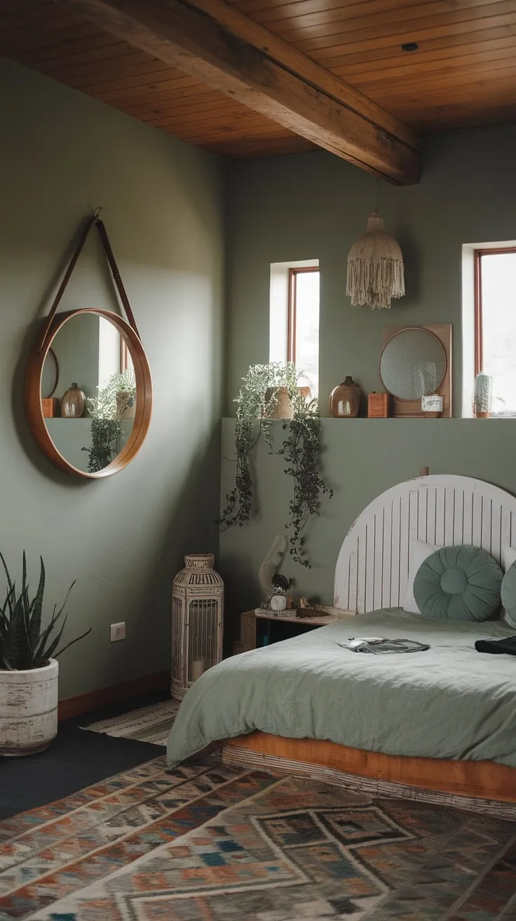 This moody boho bedroom features sage green walls, cozy sage green bedding, and a mix of natural elements, creating a perfect green boho bedroom aesthetic.