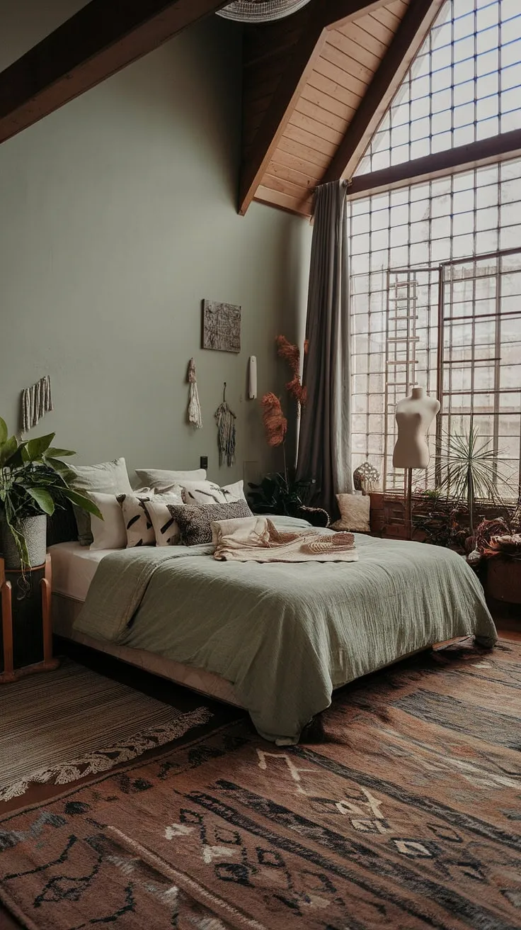 The warm ambiance of this green boho bedroom, adorned with sage green bedding and eclectic decor, creates a perfect retreat for those seeking cozy bedroom ideas.