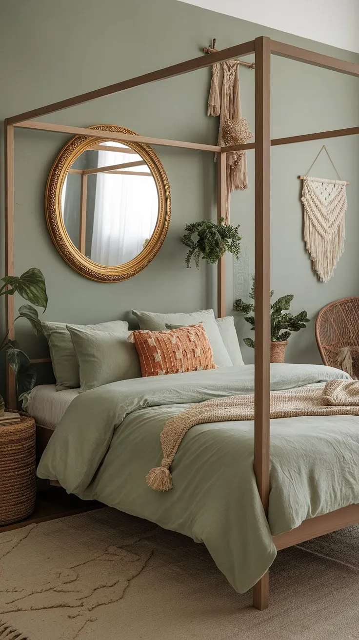 The room showcases a captivating moody boho bedroom design with sage green bedding, a canopy bed, and charming decor that embodies the essence of boho bedroom aesthetics.