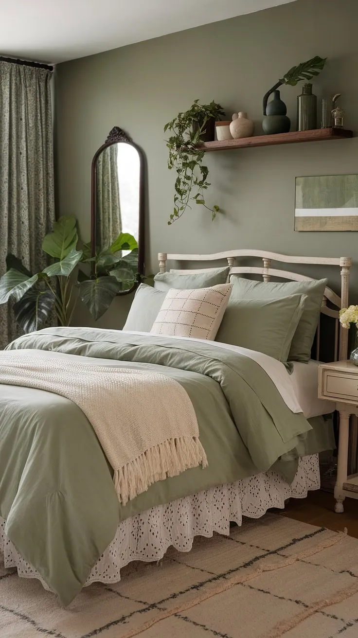 This moody boho bedroom showcases sage green walls and bedding, layered textures, and cozy decor, creating a perfect green boho aesthetic.