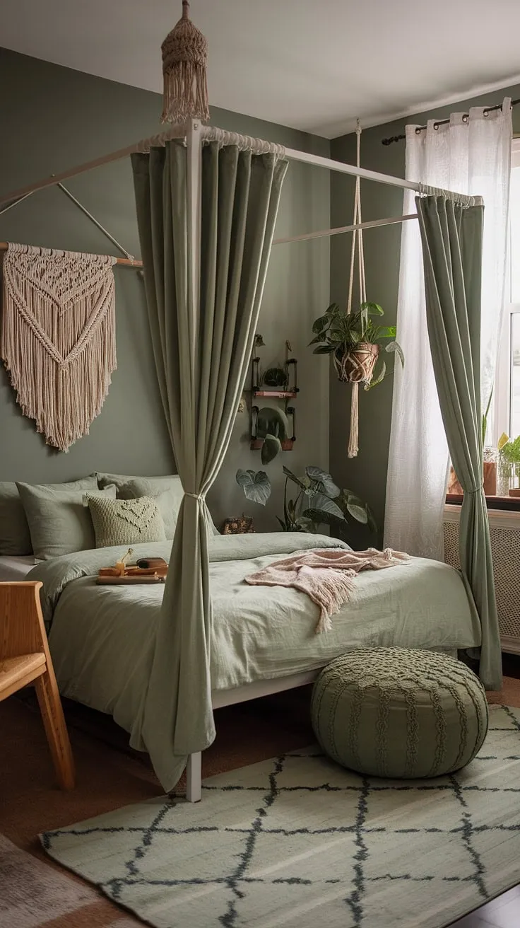 Transform your space into a moody boho bedroom with sage green walls, cozy bedding, and lush decor that captures the essence of bohemian aesthetics.