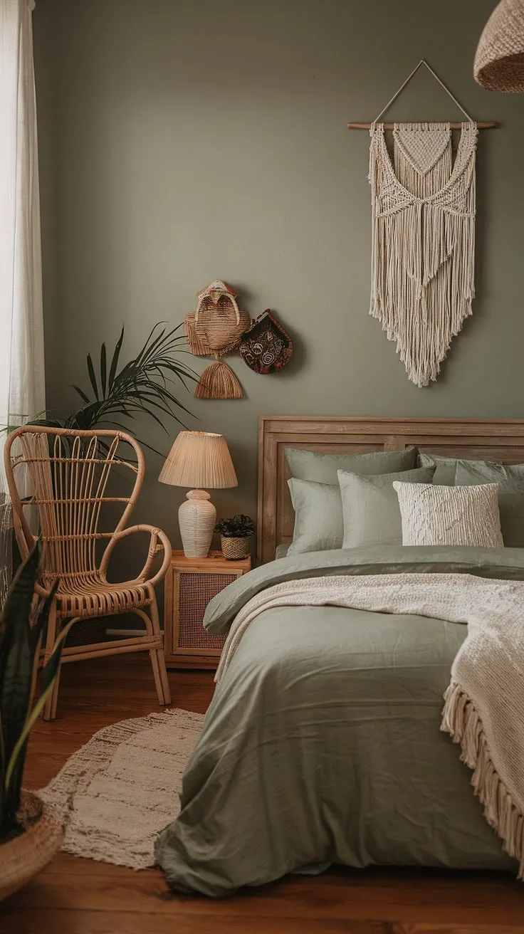 This moody boho bedroom features sage green walls and bedding, complemented by wooden accents and cozy decor, creating a perfect green boho aesthetic.