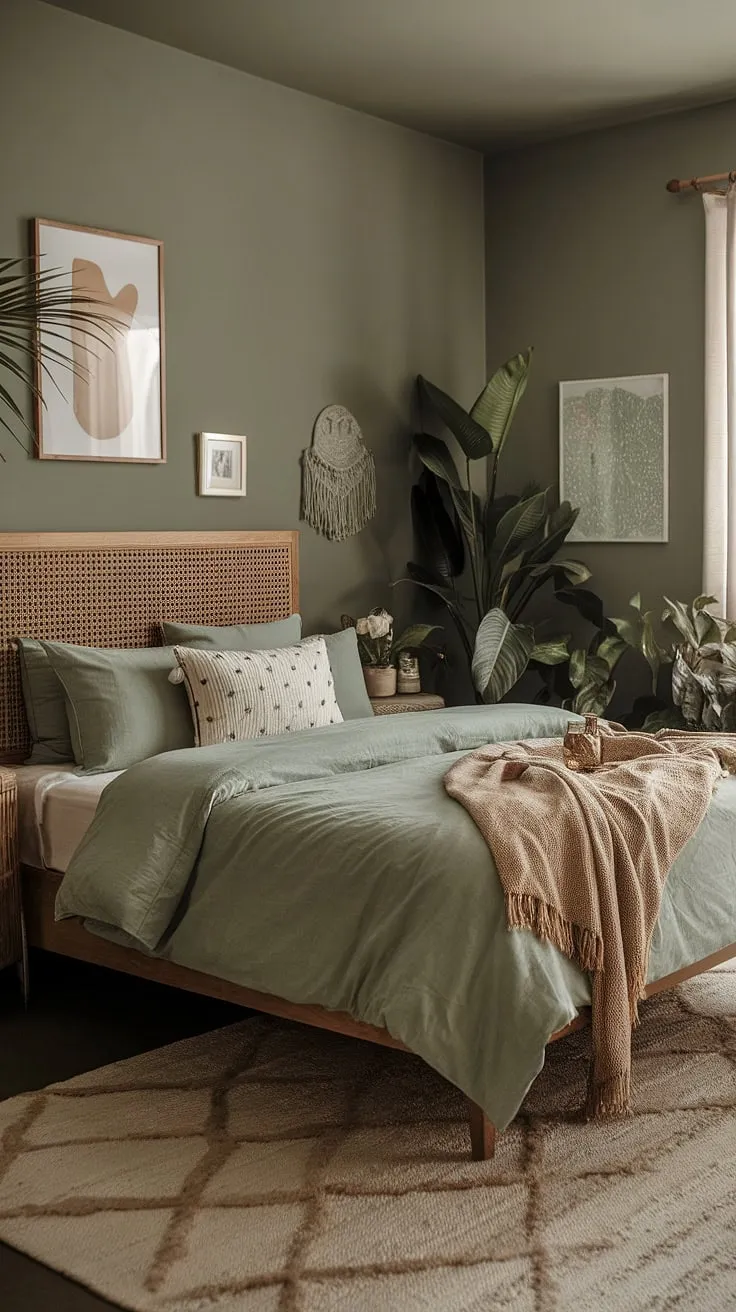 This moody boho bedroom features sage green walls and bedding, complemented by a wooden bed frame and soft lighting, creating a cozy green boho aesthetic.