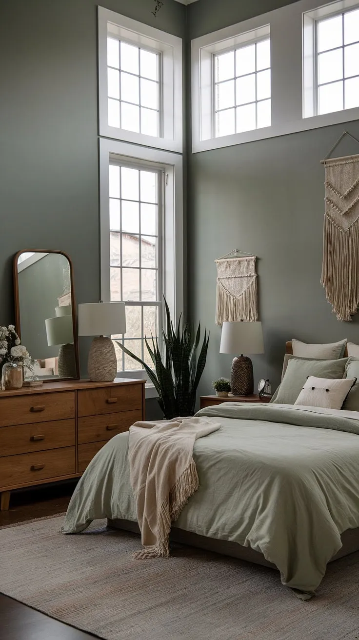 This moody boho bedroom features sage green walls and bedding, creating a cozy atmosphere enhanced by natural light and stylish decor.