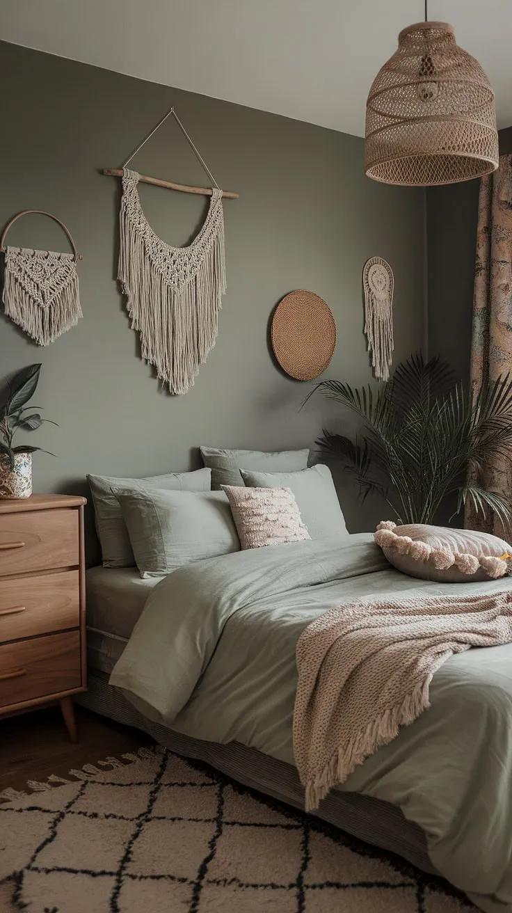 The cozy green boho bedroom showcases sage green bedding and moody decor, blending bohemian aesthetics with soft lighting and charming accents for a tranquil retreat.