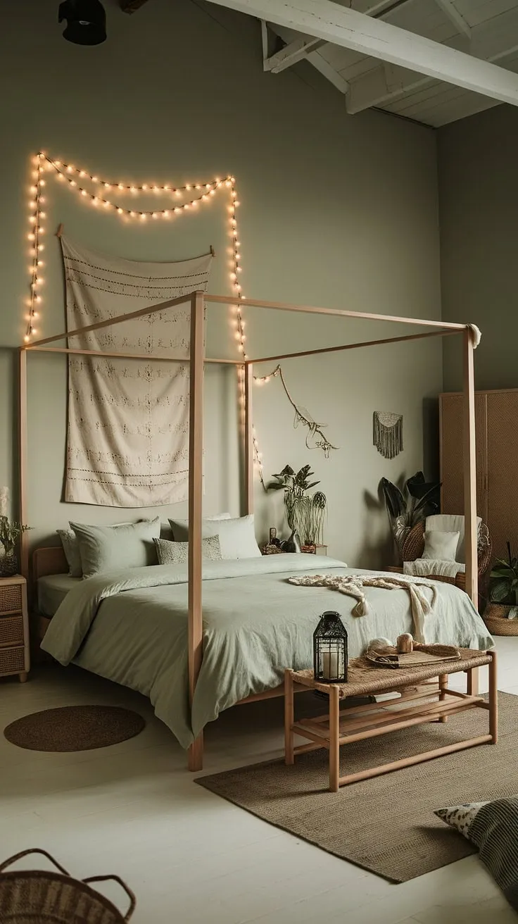 This moody boho bedroom showcases sage green bedding and decor, creating a cozy atmosphere with its high ceiling, four-poster bed, and enchanting fairy lights.