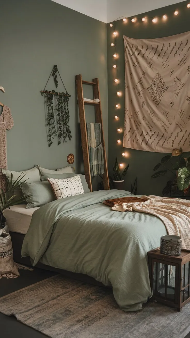 Transform your space into a cozy moody boho bedroom with sage green walls and bedding, complemented by plants, string lights, and eclectic decor for the perfect green boho bedroom aesthetic.