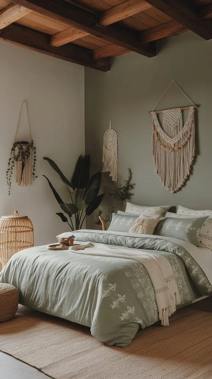 The green boho bedroom showcases a sage green accent wall, soft lighting, and eclectic decor, making it a perfect example of bohemian bedroom design.