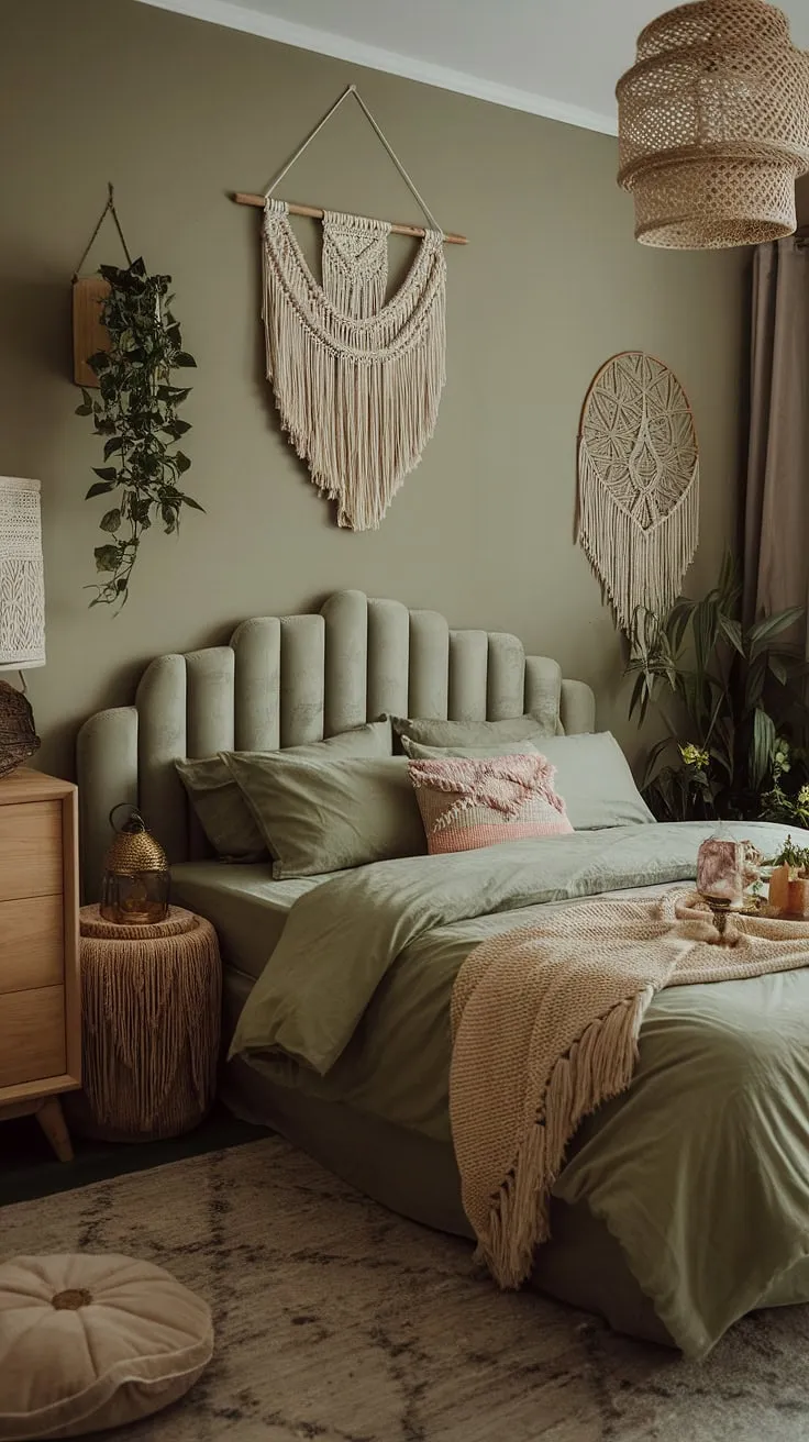 This moody boho bedroom showcases sage green decor with cozy elements like velvet bedding, a macrame wall hanging, and decorative accents that enhance its bohemian aesthetics.