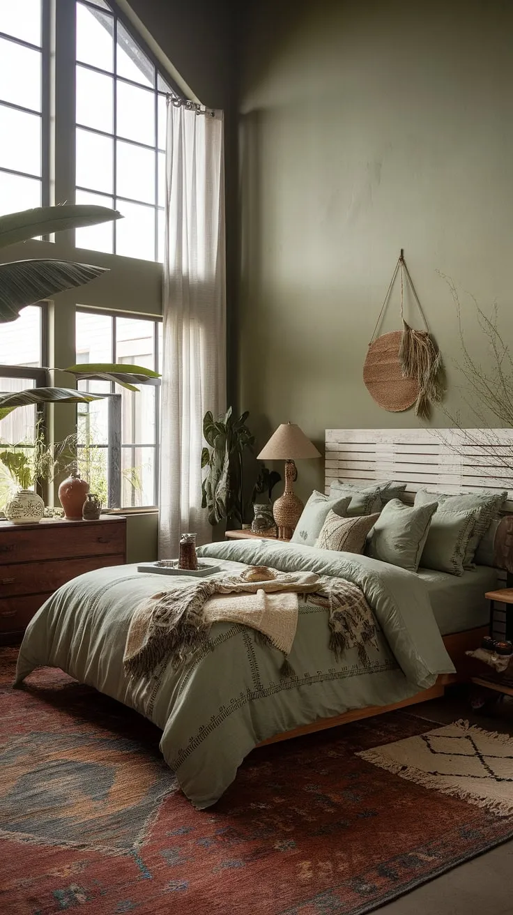 With its high ceilings and large windows, this bohemian bedroom design showcases sage green decor and cozy elements that enhance the moody bedroom vibe.